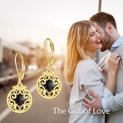 Sterling Silver Black Onyx Earrings for Women 18K Yellow Gold Plated Jewelry Gifts - style: Filigree Round 2