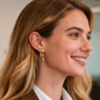Clip On Earrings for Women Chain Moon Star Cross Hoop Dangle Earring No-Pierced Gold Silver - color: Dangle,Gold tone