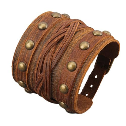 Jeilwiy Punk Leather Wristbands for Men Bracelets Handmade Wide Cuff Bangle Braided Jewelry Black Brown Adjustable - Punk Father's Gifts - color: Leather Brown Bracelet