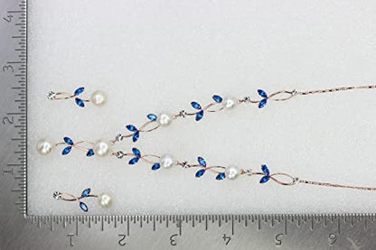 Faship Genuine Freshwater Pearls Floral Necklace Earrings Set | Premium CZ Crystal, Gorgeous, Sparkling - color: Blue / Rose Gold Plated