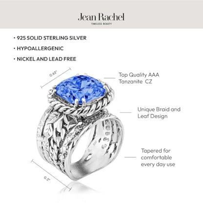 JEAN RACHEL JEWELRY 925 Sterling Silver Braid Leaf Cushion Ring | Ornate statement ring beautifully adorned with sculpted leaf motifs, twisted rope braids, and a CZ center stone. - color: Tanzanite CZ