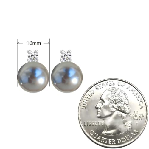 Faux Pearl Cubic Zirconia Stud Earrings, Hypoallergenic Lightweight Round Pearl Studs for Women - color: Blueish Silver, size: Pearl 10mm-CZ 3mm
