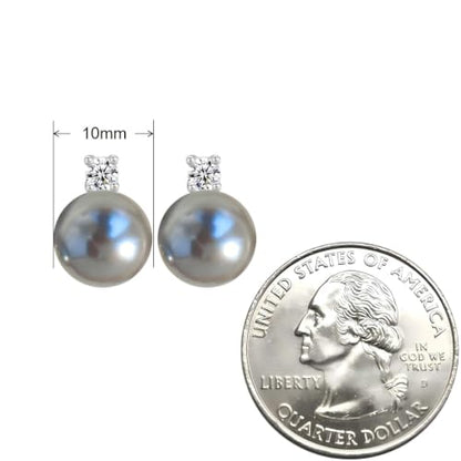 Faux Pearl Cubic Zirconia Stud Earrings, Hypoallergenic Lightweight Round Pearl Studs for Women - color: Blueish Silver, size: Pearl 10mm-CZ 3mm