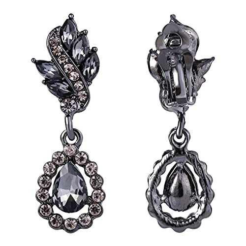 EleQueen Women's Austrian Crystal Art Deco Tear Drop Dangle Earrings Clip-on - color: 05-Black-tone Black
