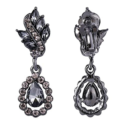 EleQueen Women's Austrian Crystal Art Deco Tear Drop Dangle Earrings Clip-on - color: 05-Black-tone Black