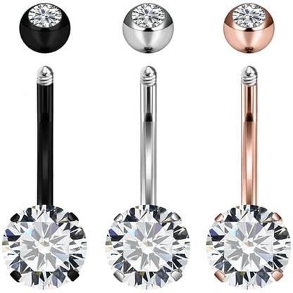 Long Belly Button Ring 6mm 8mm 10mm 12mm 14mm Surgical Stainless Steel Round Cubic Zirconia Navel Barbell Long Bar Belly Button Piercing Jewelry Silver, black, rose gold belly ring - color: 3pcs-10mm-colour mixture belly rings