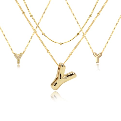 stino 4PCs Bubble Initial Letter Necklace Set, No Tarnish 14K Gold Plated Alphabet Pendant, Jewelry for Women - style: Y