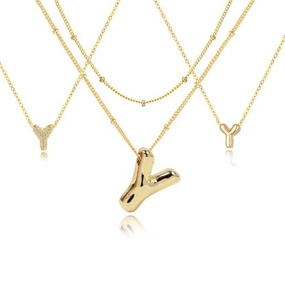 stino 4PCs Bubble Initial Letter Necklace Set, No Tarnish 14K Gold Plated Alphabet Pendant, Jewelry for Women - style: Y