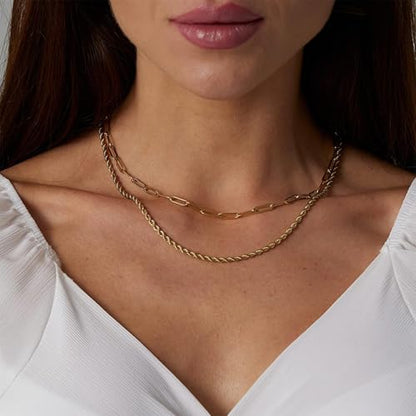 HUASAI Boho Necklaces for Women Dainty Layered Choker Necklace Bohemian Turquoise Necklace Statement Jewelry Western Cowgirl Country Concert Outfits Accessories - color: P Gold Paperclip Twist Chain Necklace