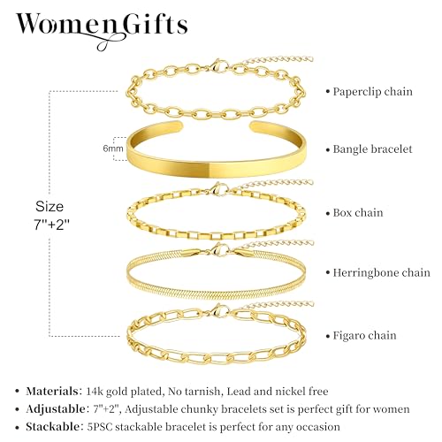 Dainty Gold Bracelet for Women Trendy Non Tarnish, Thin Bracelets Stackable Set with Bangle Cuff, Box, Herringbone, Paperclip, Figaro, Sparkling Link Chains Waterproof, Simple Jewelry Gifts for Women - color: style 04-gold