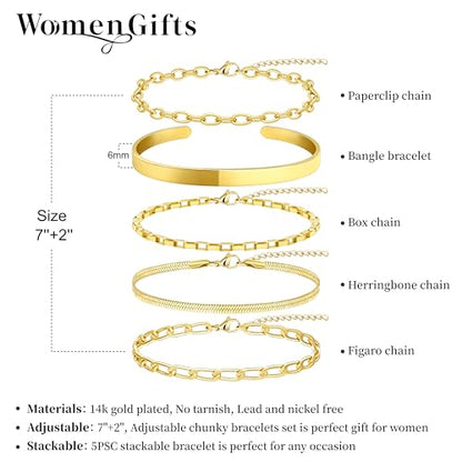 Dainty Gold Bracelet for Women Trendy Non Tarnish, Thin Bracelets Stackable Set with Bangle Cuff, Box, Herringbone, Paperclip, Figaro, Sparkling Link Chains Waterproof, Simple Jewelry Gifts for Women - color: style 04-gold