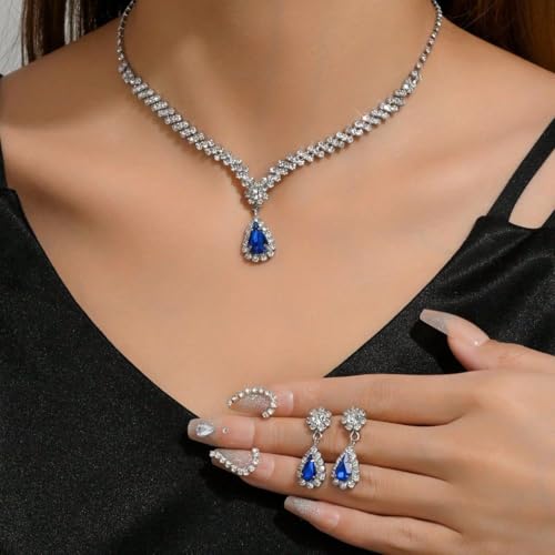 Wedding Jewelry Sets for Brides Rhinestone Necklace and Earring Set Bracelet Ring Gold Silver Prom Jewelry Sets Diamond Flower Teardrop Necklace for Women - color: Style4-Blue