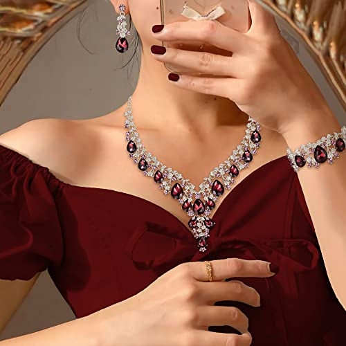 BriLove Women's Wedding Bridal Austrian Crystal Teardrop Flower Cluster Statement Necklace Dangle Earrings Jewelry Set for Party Prom - color: 3Pcs-Deep Amethyst Color Silver-Tone
