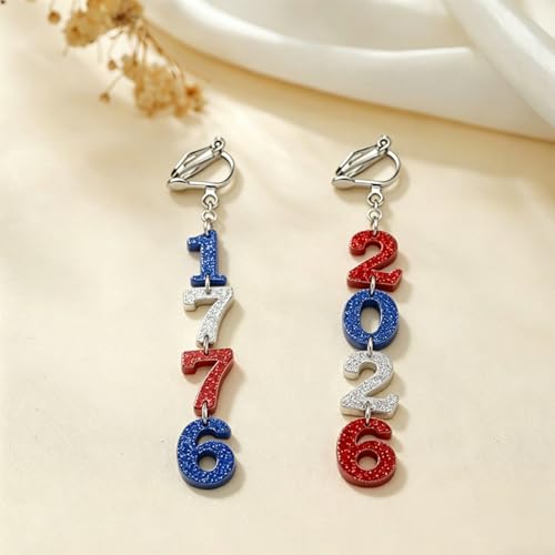 4th of July Independence Day Clip on Earring for Women American Flag Dangle Earrings Patriotic Red White Blue USA Earring, Pave Crystal Stud - color: red 50