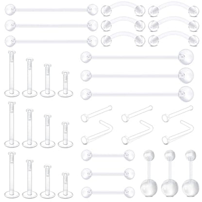 D.Bella 65pcs Mix Style Clear Piercing Retainer Flexible Lip Ear Nose Septum Eyebrow Nipple Tongue Rings Cartilage Tragus Earrings Retainer Bioflex Horseshoe Hoop Industrial Barbell - color: Style C
