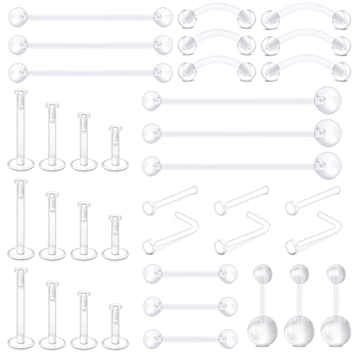 D.Bella 65pcs Mix Style Clear Piercing Retainer Flexible Lip Ear Nose Septum Eyebrow Nipple Tongue Rings Cartilage Tragus Earrings Retainer Bioflex Horseshoe Hoop Industrial Barbell - color: Style C