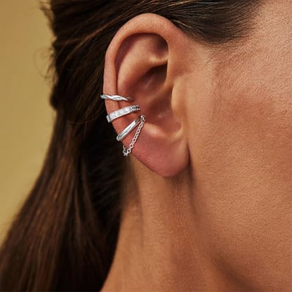 Gold Ear Cuffs Earrings for Women Non Piercing Clip on Cartilage Earrings | Trendy Gold Ear Cuff,Cartilage Clip on Earrings,Thin Huggie Hoop CZ Earring Set ,Fashion Jewelry,Non Tarnish,Gift - style: 3pc chain cz-sl