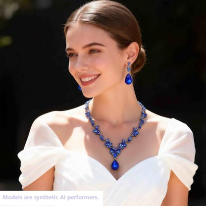 Kamirola Bridal Jewelry Set, Jewelry Set for Women, Necklace Dangle Earrings Bracelet Set, White Gold Plated (TR76) - color: Blue