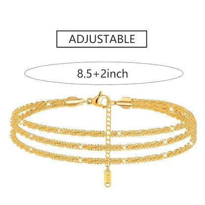 Silver Anklets for women,Layered Anklets Bracelets Adjustable Summer Beach Jewelry - color: Gold Multi-layer