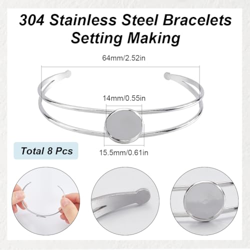 SUNNYCLUE 8Pcs Cabochon Bangles Adjustable Blank Bangle Silver Metal 304 Stainless Steel Expandable Cuff Round Cabochons Bezel Blank Tray Base Bangle for Bracelet Jewelry Making DIY Crafts Accessories