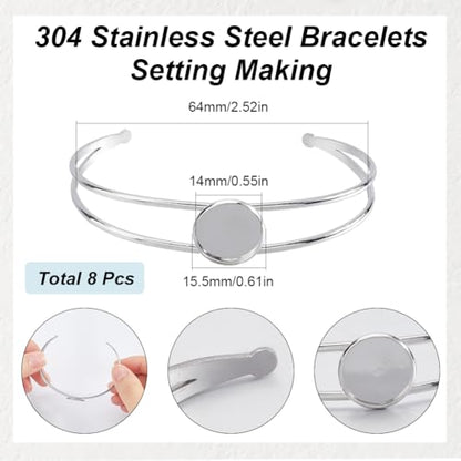 SUNNYCLUE 8Pcs Cabochon Bangles Adjustable Blank Bangle Silver Metal 304 Stainless Steel Expandable Cuff Round Cabochons Bezel Blank Tray Base Bangle for Bracelet Jewelry Making DIY Crafts Accessories