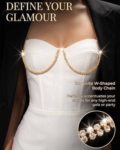 Sexy Rhinestone Bra Chain Chest Bracket Bikini Nightclub Crystal Rave Body Chain For Women Body Jewelry - color: GOLD1