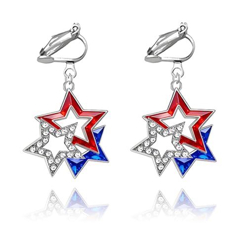 4th of July Independence Day Clip on Earring for Women American Flag Dangle Earrings Patriotic Red White Blue USA Earring, Pave Crystal Stud - color: Blue star