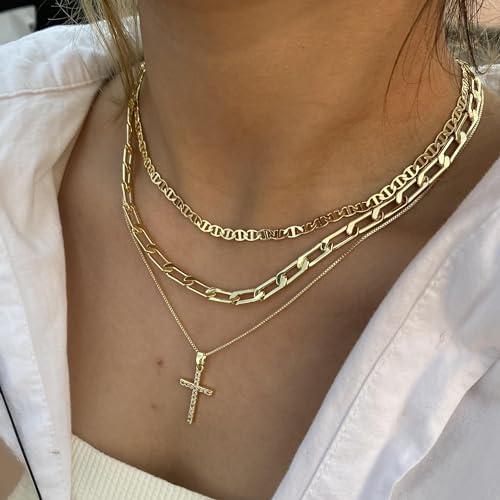 Cross Necklace for Women,Stackable Stacked Stacking Layering Layered Necklaces Dainty Gold Necklace Paperclip Box Flat Mariner Chain Necklace Cross Pendant CZ Diamond Simple Jewelry Gift - color: GD