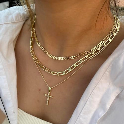 Cross Necklace for Women,Stackable Stacked Stacking Layering Layered Necklaces Dainty Gold Necklace Paperclip Box Flat Mariner Chain Necklace Cross Pendant CZ Diamond Simple Jewelry Gift - color: GD