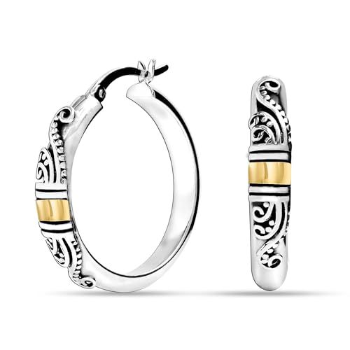 LeCalla 925 Sterling Silver Hoop Earrings for Women | Bali-Style Italian Antique Click-Top Hoop Earrings | Lightweight Vintage Hoop Earring Jewelry Gifts for Women - color: Antique Hoops-01