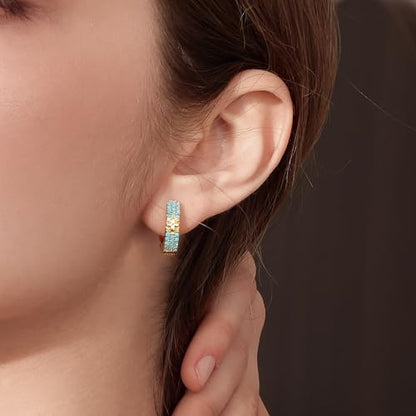 Turquoise Hoop Earrings for Women/Men 18K Real Gold Plated Cubic Zirconia Hoop Earrings Hypoallergenic Cartilage Ear Jewelry - color: 4-Leaf Clover