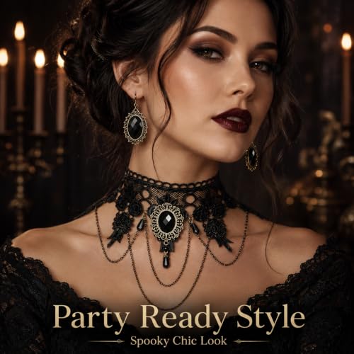 YANCHUN Halloween Gothic Jewelry Set Vampire Accessories Black Choker Necklace Bracelet Earrings Set Witch Cosplay Halloween Costume Accessories - color: 3pcs-Black