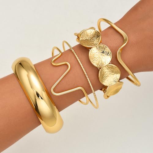 Golden Stackable Bracelets Set for Women Trendy Multi Layer Adjustable Chunk Flower Cuff Bracelet Geometric Irregular Wave Statement Bangle Glamour Stacking Cuff Jewelry - color: Gold-A