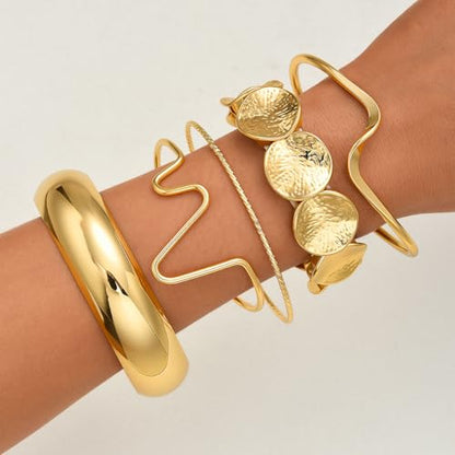 Golden Stackable Bracelets Set for Women Trendy Multi Layer Adjustable Chunk Flower Cuff Bracelet Geometric Irregular Wave Statement Bangle Glamour Stacking Cuff Jewelry - color: Gold-A