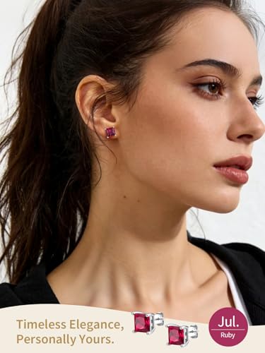 FindChic 2 Carat Birthstone Stud Earrings for Women, Round/Heart/Princess Cut Stud Earrings, Hypoallergenic Studs with 925 Sterling Silver Posts, 12 Months Birthday Jewelry Gift - color: 07. July-Ruby(Princess Cut)