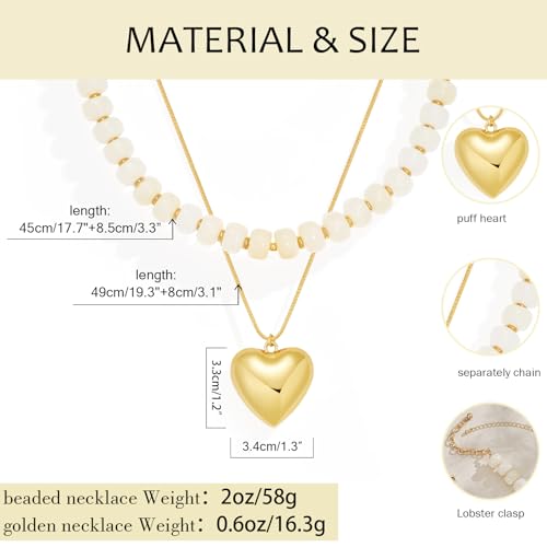 YUJIE Chunky Heart Pendant Necklace for Women- Exaggerated Statement Puff Heart Necklace with Acrylic Beaded Chain - color: B-WHITE