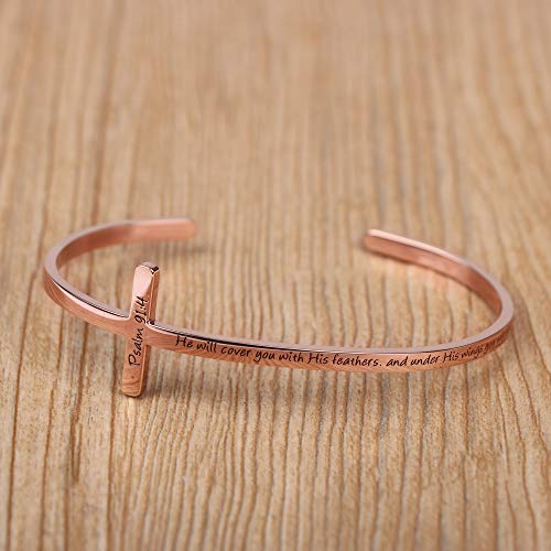𝐂𝐫𝐨𝐬𝐬 𝐁𝐫𝐚𝐜𝐞𝐥𝐞𝐭 Religious Cuff Bangle 𝐁𝐢𝐛𝐥𝐞 𝐕𝐞𝐫𝐬𝐞 Christian Gifts Jewelry for 𝐖𝐨𝐦𝐞𝐧 - style: He will cover you with his feathers,and under his wings you will find refuge -Psalm 91:4