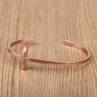 𝐂𝐫𝐨𝐬𝐬 𝐁𝐫𝐚𝐜𝐞𝐥𝐞𝐭 Religious Cuff Bangle 𝐁𝐢𝐛𝐥𝐞 𝐕𝐞𝐫𝐬𝐞 Christian Gifts Jewelry for 𝐖𝐨𝐦𝐞𝐧 - style: He will cover you with his feathers,and under his wings you will find refuge -Psalm 91:4