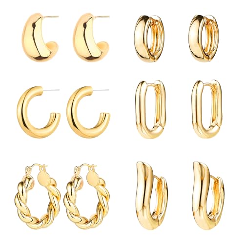 6 Pairs Gold Hoop Earrings for Women, 14K Gold Plated Huggie Hoop Earrings Set Hypoallergenic Lightweight Chunky Open Hoops Jewelry for Gift - color: Gold