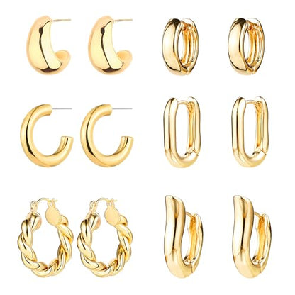 6 Pairs Gold Hoop Earrings for Women, 14K Gold Plated Huggie Hoop Earrings Set Hypoallergenic Lightweight Chunky Open Hoops Jewelry for Gift - color: Gold