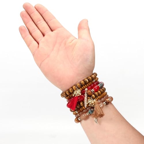4Pcs Bohemia Multilayer Stackable Elephant Leaf Tassel Bracelets Colorful Wooden Resin Beaded Stretch Bracelets for Women Men Summer Beach Boho Vacation Hawaii Jewelry Gifts - style: StyleC