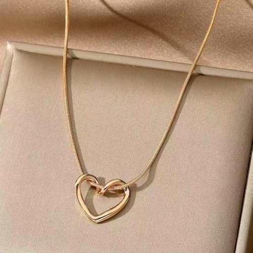 Stainless Steel Snake Chain Heart Necklace for Women, Open Heart Pendant Necklace, Dainty Hypoallergenic Non Tarnish Jewelry, Gold Silver Tone Gift Jewelry - color: Gold