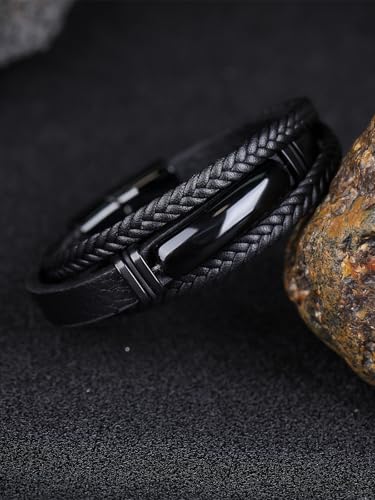 Mens Black Leather Obsidian/Turquoise/Tiger Eye/Red Agate Bracelet–Braided Multi‑Layer Wristband Cuff Bangle Bracelet with Stainless Steel Clasp Gift Jewelry Box Included - color: Obsidian Stone, size: 8.3in(Fits most wrists)