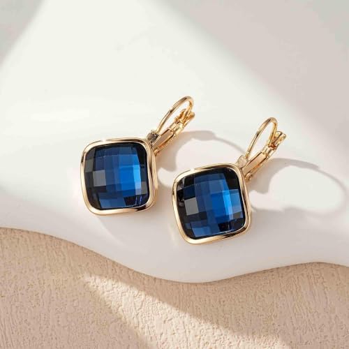 Austrian Crystal Square Leverback Drop Earrings for Women | Classic Square-Cut Crystal,14K Gold-Plated,Leverback for Easy Secure Wear,Gift Box Included,For Day and Evening Events - color: Dark Blue