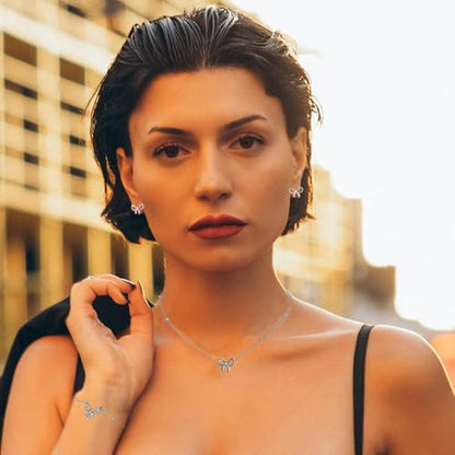 Gold Bow Necklace Bracelet Earrings Set for Women Bowknot Choker Necklace Ribbon Stud Earrings Silver Bow Bracelet Christmas Holiday Jewelry - color: Silver