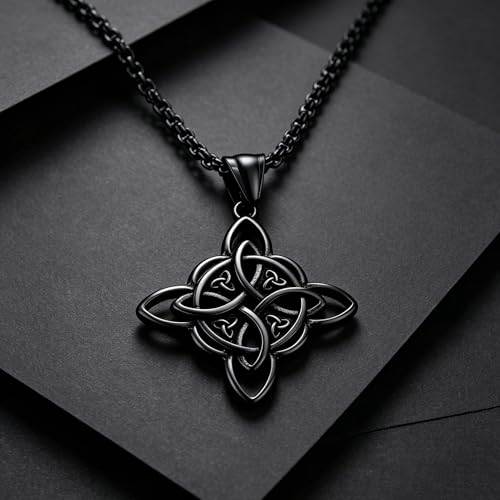 MALOYANVE Celtic Witch Knot Necklace for Men Women Stainless Steel Triquetra Trinity Pendant Irish Celtic Knot Amulet Good Luck Protection Jewelry - color: Black