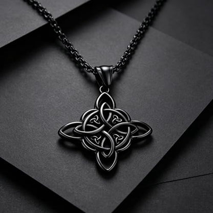 MALOYANVE Celtic Witch Knot Necklace for Men Women Stainless Steel Triquetra Trinity Pendant Irish Celtic Knot Amulet Good Luck Protection Jewelry - color: Black