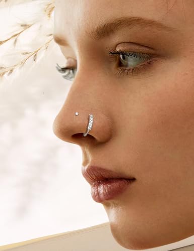 JeryWe Nose Rings for Women - 14K Gold Filled Hypoallergenic Surgical Steel Nose Ring Hoops CZ Lip Ring Screw L Shaped Studs Threadless Flat Back Stud Nose Piercings Jewelry for Women Men - style: Steel-AB CZ