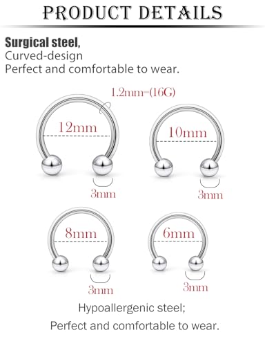 16G Horseshoe Septum Rings 6/8/10/12mm with Tool & Ball Grabber,Hypoallergenic for Nose,Rook,Cartilage,Helix,Lips-Silver Gold 316L Surgical Steel Septum Piercing jewelry - color: Horseshoe Ring 6-12mm + Ball + Tool