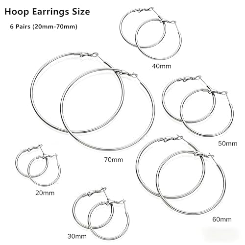 6 Pairs Silver Hoop Earrings for Women | Hypoallergenic Stainless Steel Lightweight Small Medium Large Hoops Set, 20-70mm Clip on Sterling Silver Post Jewelry